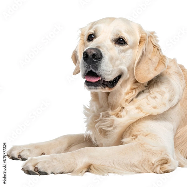 Fototapeta Golden Retriever's Gentle Gaze: A close-up shot of a serene golden retriever exudes warmth, highlighting its fluffy fur, endearing expression, and the genuine charm of its relaxed demeanor.
