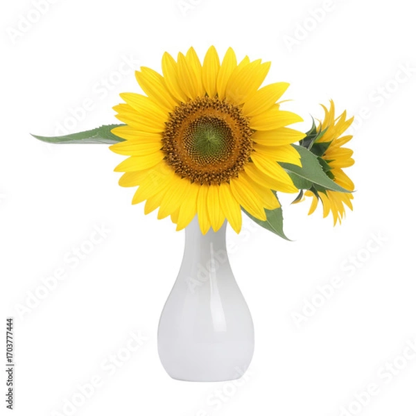Fototapeta Radiant Sunflower Display: A captivating visual, a single sunflower's bright yellow petals burst forth from a minimalist white vase, showcasing botanical elegance and vibrant charm.