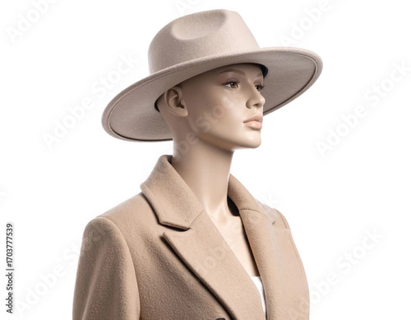 Fototapeta Elegant Hat and Coat: A sophisticated beige fedora hat and matching overcoat, exuding timeless style and understated luxury, captured in a professional studio setting.