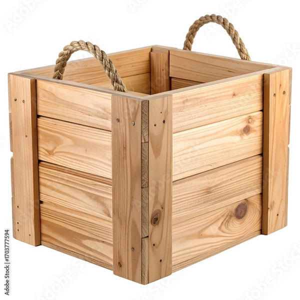 Fototapeta Wooden Box with Rope Handles: A close-up shot showcases a beautifully crafted wooden box, featuring sturdy construction and rope handles, perfect for storage or decorative purposes.