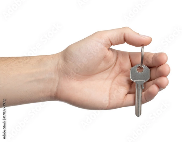 Fototapeta Key to Opportunity: An open hand presents a single, shiny key, symbolizing access, new beginnings, and the gateway to possibilities. This photo embodies the essence of opportunity and security.