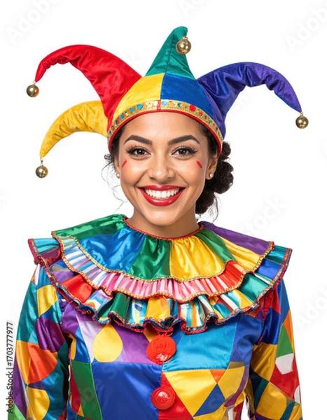 Fototapeta Jester's Joy: A radiant jester, adorned in a vibrant, multicolored costume, emanates infectious mirth and delightful playfulness with a captivating smile.