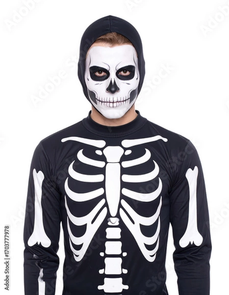 Fototapeta Skeleton Costume for Halloween: A captivating portrait of a person dressed in a meticulously designed skeleton costume for the spooky season, embodying the spirit of the holiday