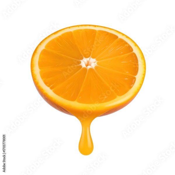 Fototapeta Juicy Orange Slice: A close-up shot of a ripe orange half, bursting with freshness. a single drop of vibrant juice gracefully cascades, encapsulating the pure essence of citrus.