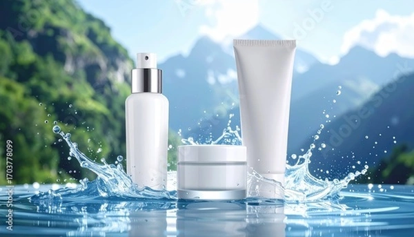 Fototapeta Skincare Bliss in the mountains: A serene composition of cosmetic product bottles and jars is presented against the backdrop of pristine mountains and fresh water.