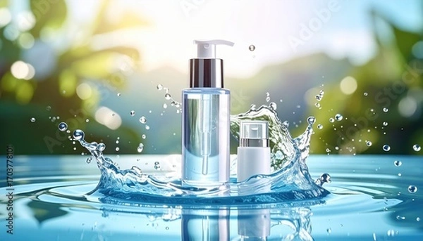 Fototapeta Skincare Serenity: Two cosmetic bottles gracefully nestled amidst a splash of water, creating a serene atmosphere that highlights the fresh and rejuvenating nature of skincare.