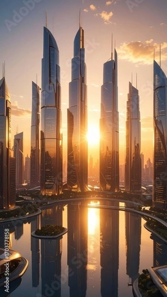 Fototapeta City Skyline at Sunset: The cityscape glistens as the sun casts its golden light across the sleek, modern architecture of a metropolitan skyline.
