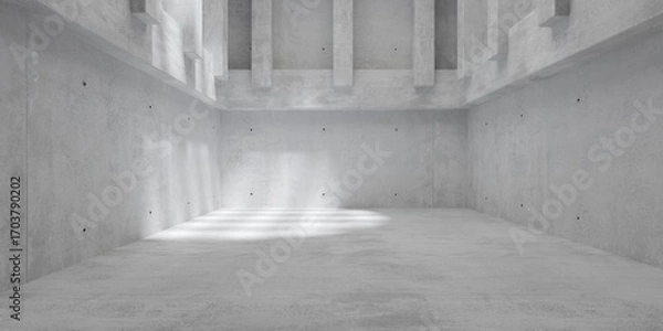 Fototapeta Abstract empty, modern concrete room with row of beams and supporting pillars with grid shadow and rough floor - industrial interior background template