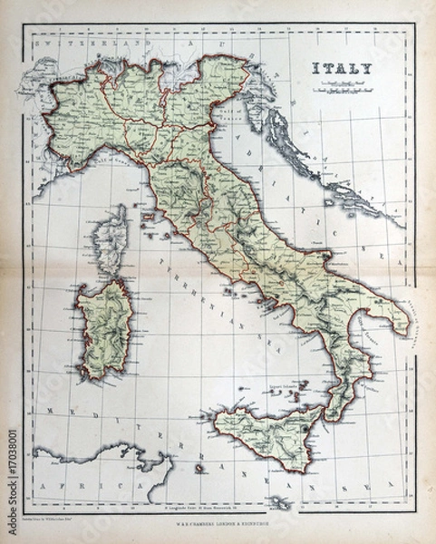 Obraz Stara mapa Włoch, 1870