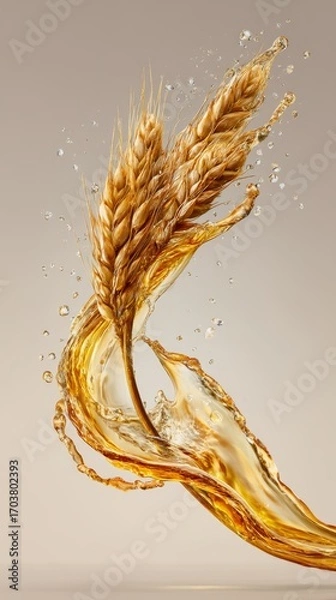 Fototapeta Golden Malt Liquid Splash with Barley Elements in Motion