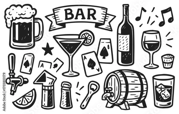 Fototapeta Hand drawn bar doodle collection with beer, wine, cocktail, whiskey, glass, bottle, barrel, cards, music, isolated on transparent background, generative ai