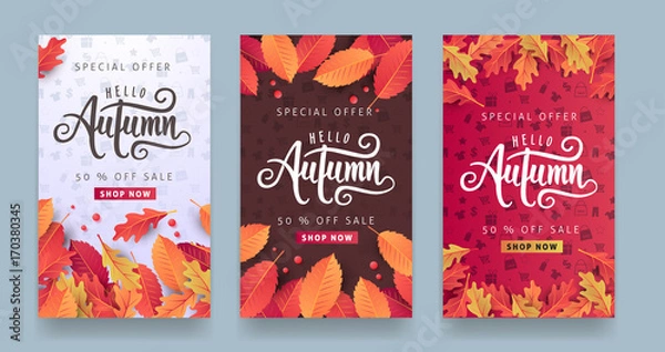 Obraz Autumn Sprzedaż Układ w tle Dekorat liśćmi do sprzedaży zakupów lub plakat promocyjny i ulotka ramowa lub baner internetowy. Szablon ilustracji wektorowej.