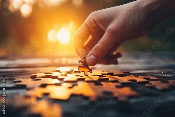 Fototapeta Hand holding puzzle piece over wooden surface with warm sunlight creating glowing and peaceful atmosphere during sunset or sunrise