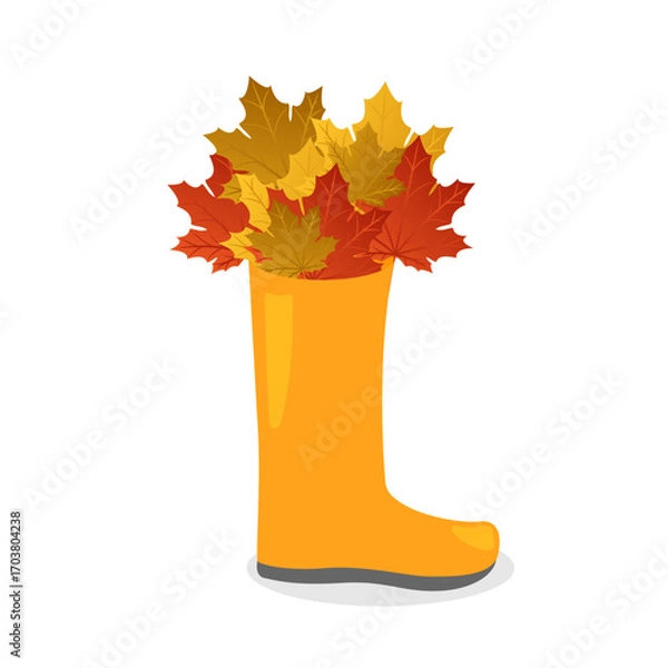 Fototapeta Autumn rubber boot filled with autumn maple leaves. Autumn background. Vector illustration