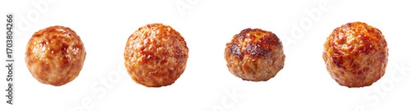 Fototapeta Four realistic, juicy, glazed meatballs isolated on black background, studio shot, high detail, PNG set, transparent background