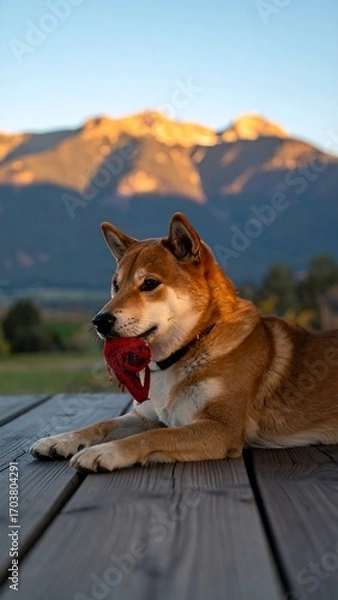 Fototapeta Dog on a deck with mountains in the background at sunset