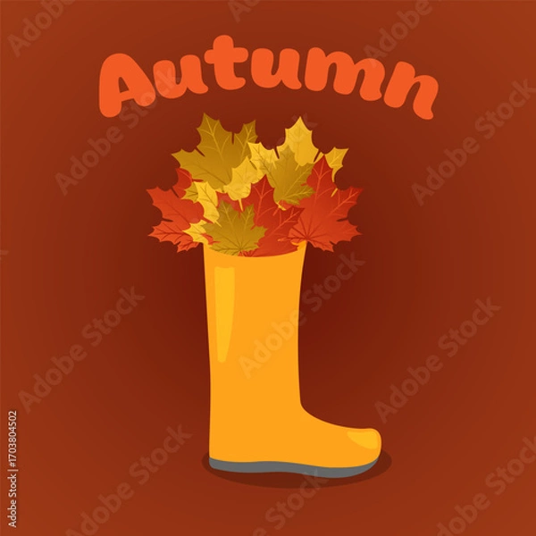 Fototapeta Autumn rubber boot filled with autumn maple leaves. Autumn background. Vector illustration