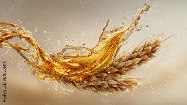 Fototapeta Golden Splash of Liquid Over Single Spike of Wheat in High Fidelity