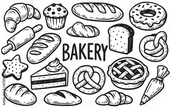 Fototapeta Hand drawn bakery doodle collection with bread, croissant, donut, pie, cake, pretzel, muffin, isolated on transparent background, generative ai