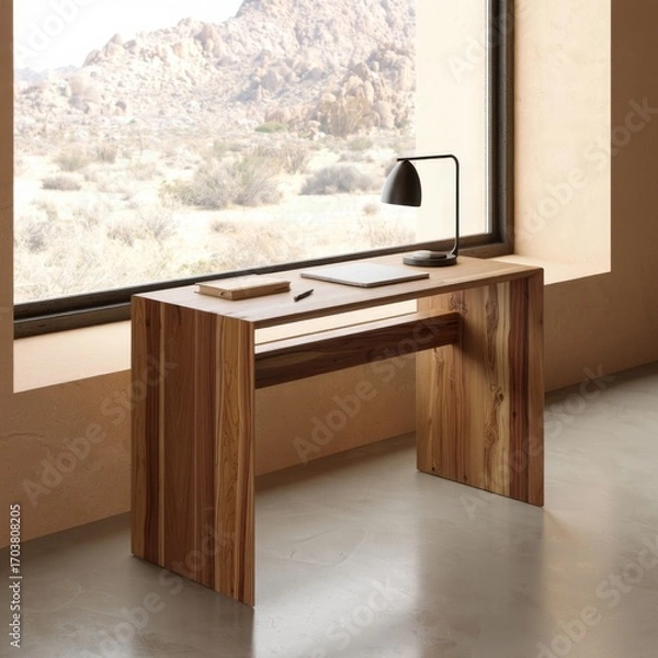 Fototapeta Modern Minimalist Wood Desk, Desert View, Calm Workspace, Laptop, Notebook, Lamp.