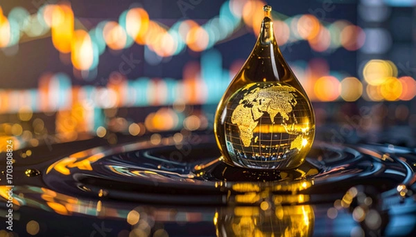 Fototapeta Global Oil Drop: A striking visual, featuring a golden oil drop delicately shaped like the globe, set against the backdrop of financial market graphs, symbolizing the interconnectedness of oil.