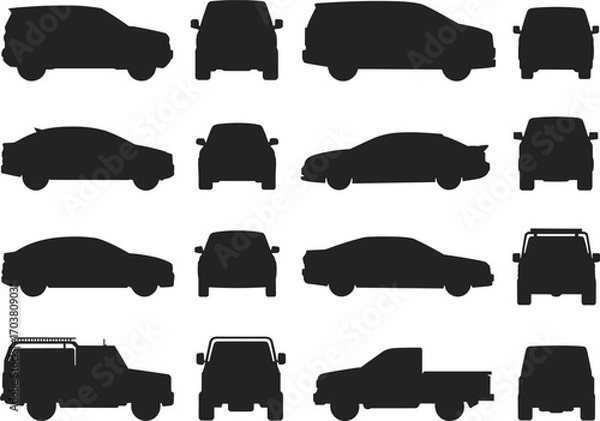 Fototapeta Silhouette vector illustration of cars viewed from front, back, and side, including sedan, SUV, van, pickup, ideal for automotive design and transport