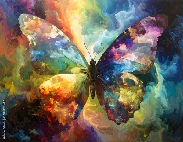 Fototapeta Abstract butterfly in vibrant colors, surrounded by swirling clouds