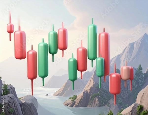 Fototapeta Abstract candlestick chart over a serene landscape