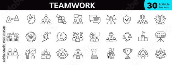 Fototapeta Teamwork icon set, business collaboration line icons with meeting, support, partnership, society, human, workshop, communication, human resources, editable stroke vector illustration. 