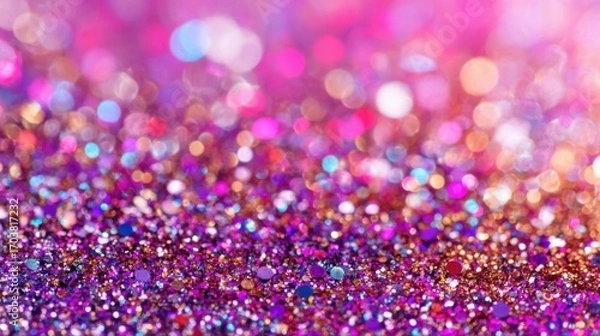 Fototapeta A dazzling spread of glitter showcases a mix of bright colors, casting a sparkling effect. The vibrant hues create a lively and festive ambiance, ideal for parties or crafts.