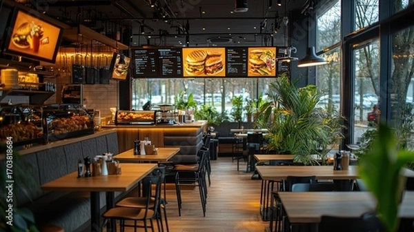 Fototapeta Innovative restaurant interior design featuring digital signage technology, optimized layout, ergonomic furniture, and ambient lighting for enhanced customer experience