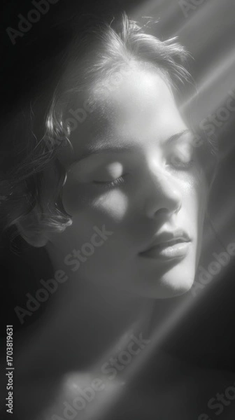 Fototapeta Serene Woman with Glowing Expression in Soft Light for Wellness