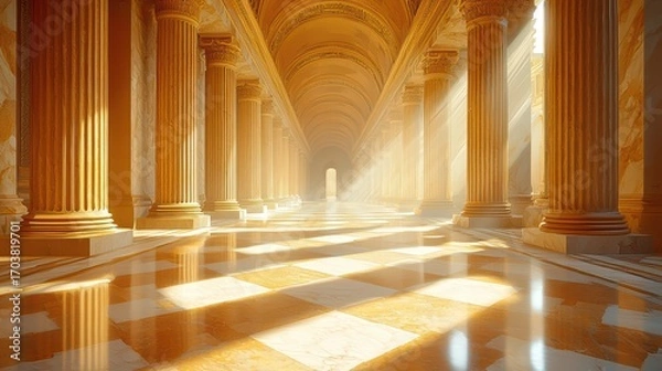 Fototapeta Architectural visualization rendering showcasing photorealistic lighting techniques, ambient illumination, and advanced textures in digital composition