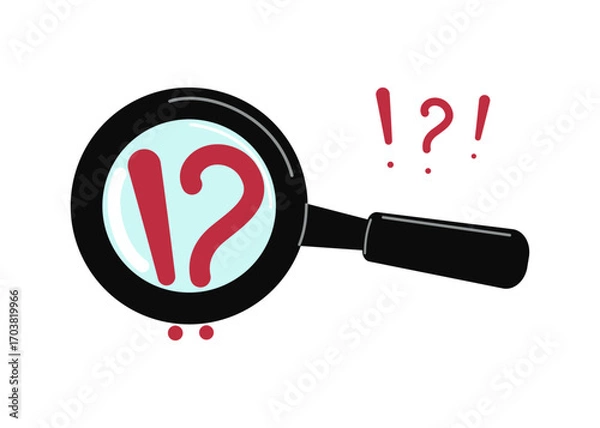 Obraz Magnifying glass. Question mark, exclamation point. Concepts of finding an answer, solving a problem. Hand drawn, flat illustration. Isolated background.