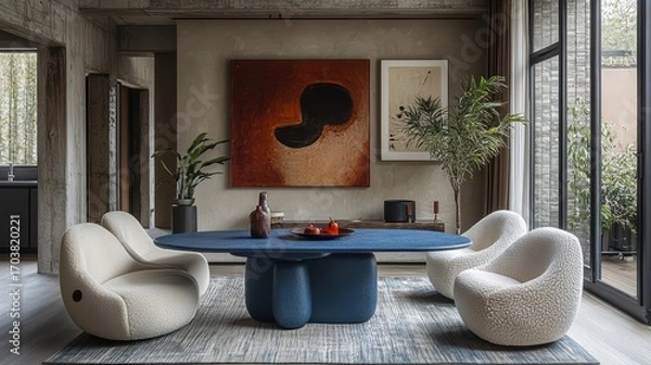 Fototapeta Sophisticated interior design featuring contemporary aesthetics, spatial composition, ergonomic furnishings, and innovative color textures for modern living