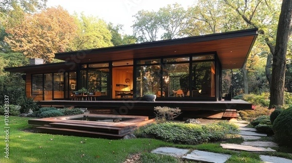 Fototapeta Modern architectural design with sustainable materials, glazing techniques, and biophilic integration for enhanced functionality and aesthetics