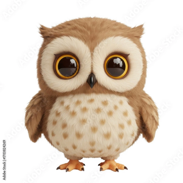 Fototapeta Cute Fluffy Brown Owl with Big Eyes Isolated on Transparent Background Standing Upright