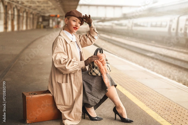 Fototapeta Elegant woman in vintage attire enjoys the ambiance of a train station during the day while waiting for her journey to begin