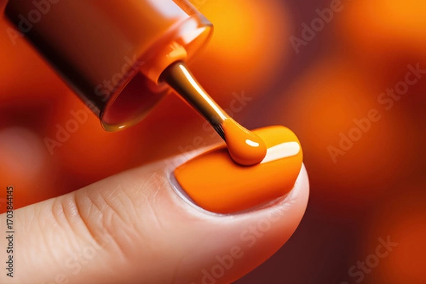 Fototapeta A close-up view of a hand having nails painted with glossy bright orange nail polish, highlighting precision and vibrant color during a manicure process.