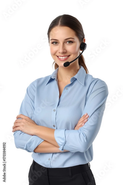 Fototapeta Smiling support professional with headset in studio setting highlighting customer service expertise