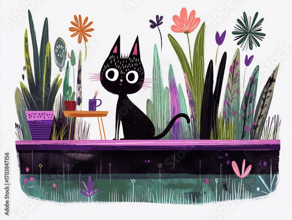 Obraz A cute black cat sits in the garden near a pond, surrounded by flowers and grass on a warm summer day. The curious pet watches the water quietly. AI-generated colorful illustration