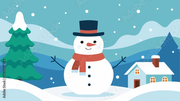 Fototapeta Illustration of a snowman in winter scene