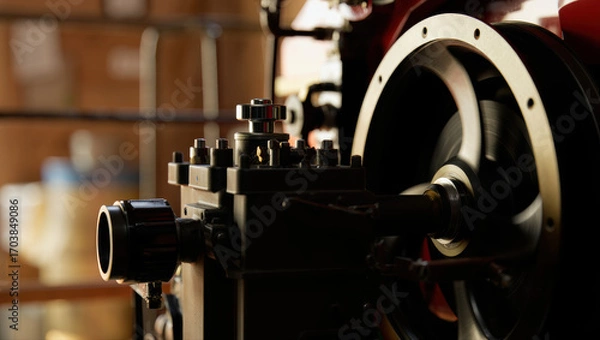 Fototapeta A detailed close-up of a vintage industrial machine showcases polished metal gears, a large flywheel, and intricate mechanical parts bathed in warm workshop lighting.