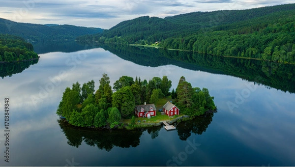 Fototapeta A secluded island with charming red houses and dense trees rests in a mirror-like lake, with rolling green hills and peaceful forests stretching to the horizon on all sides.
