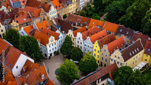 Fototapeta Aerial view of charming historic European buildings with colorful facades and red-tiled roofs clustered around a cozy town square, framed by leafy green trees on a sunny day.