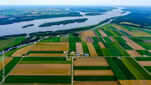 Fototapeta Aerial view of colorful patchwork farmlands bordered by forests, with winding rivers and calm lakes weaving through the landscape under a clear sky, illustrating rural serenity...