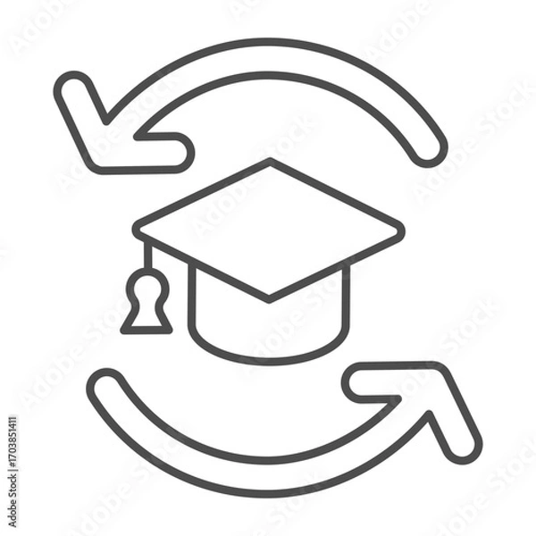 Fototapeta Two arrows and student hat thin line icon, student exchange program concept. Vector graphics. Graduate cap, education sign on white background, outline style icon for mobile or web design.