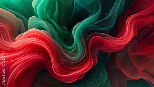 Fototapeta Vivid waves of red, teal, and green swirl and flow together in this abstract digital artwork, resembling soft folded fabric or clouds illuminated by ethereal light.