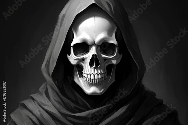 Fototapeta A mysterious figure shrouded in a dark, voluminous hooded cloak stands against a nearly black backdrop. Dramatic light and shadow play over the flowing fabric.