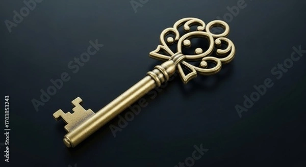 Fototapeta Ornate golden key resting on a dark surface symbolizing secrets and unlocking potential